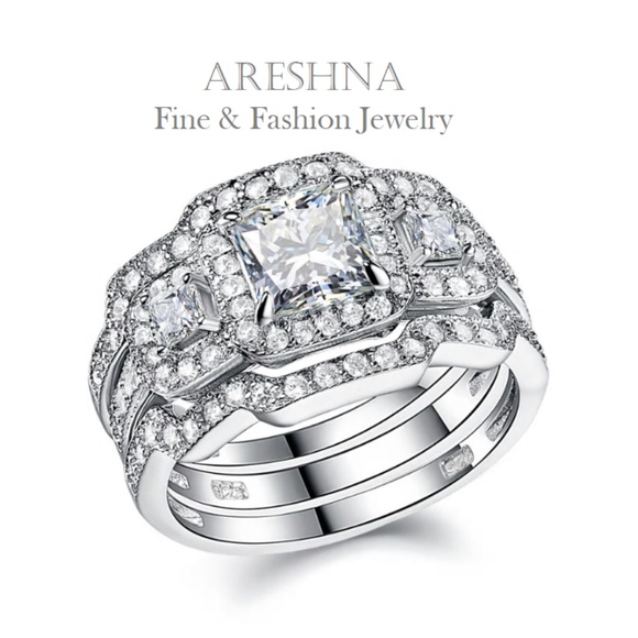 S925 3Pcs Square 1ct Round Diamond Engagement Ring - Picture 2 of 8